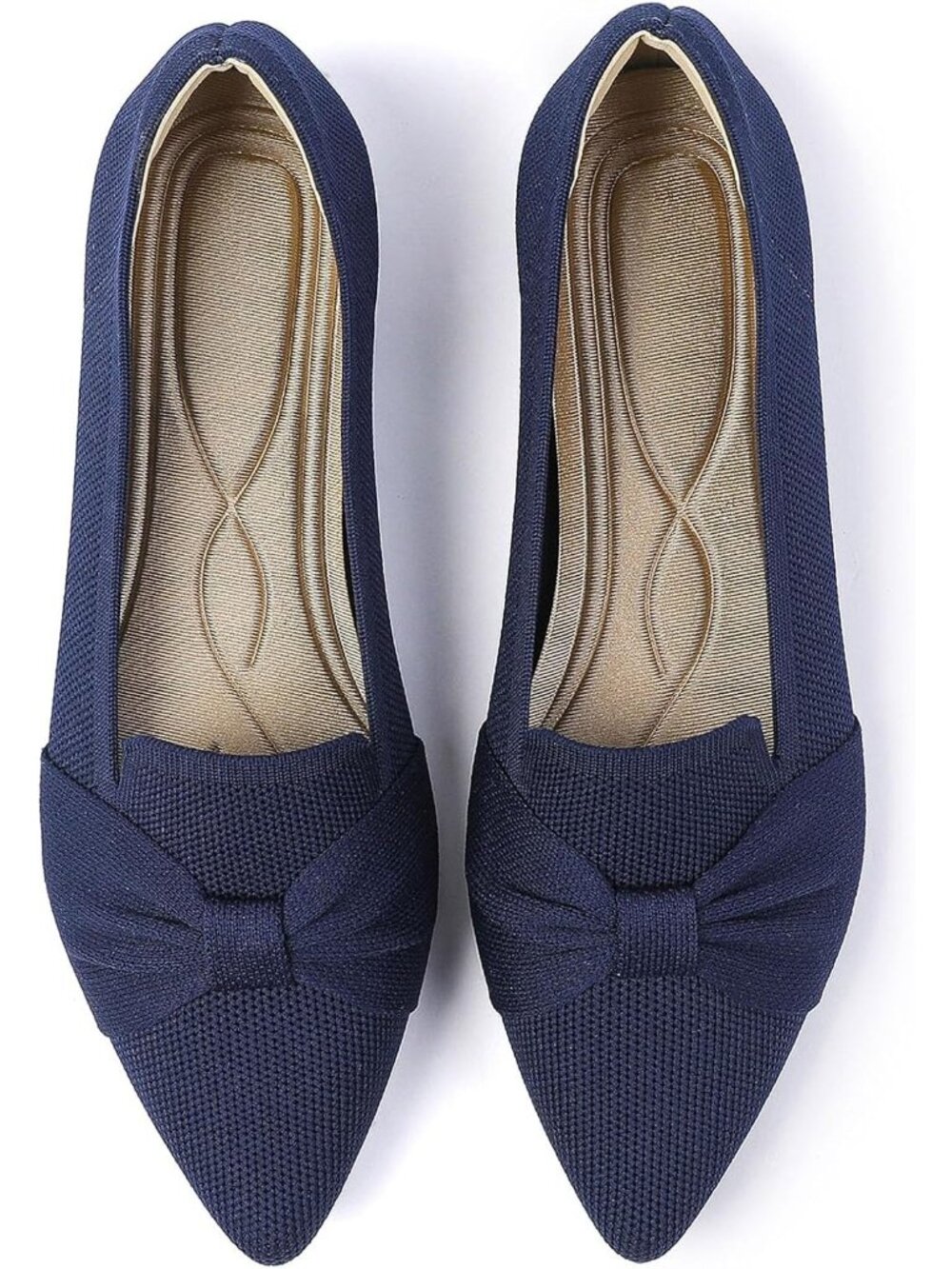 Women's Blue Pointed Toe Ballet Flats Comfortable Knit Dressy Bow Flats Shoes